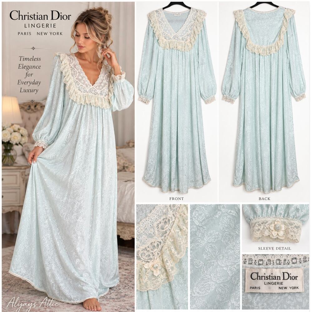 Vintage Christian Dior Lingerie Nightgown Lace Jacquard Maxi Gown Blue 70s 80s
